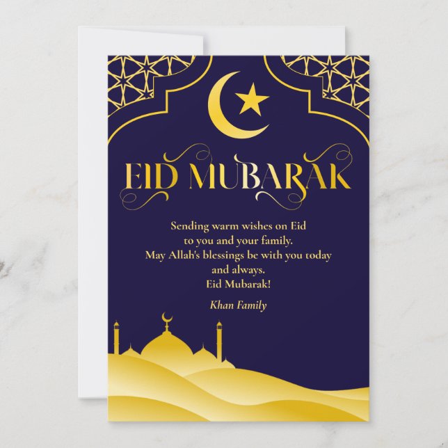 Eid Mubarak Custom Name Elegant Modern Blue Gold  Holiday Card (Front)
