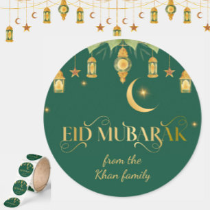 Eid Mubarak Custom Name Elegant Modern Green Gold Classic Round Sticker