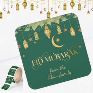 Eid Mubarak Custom Name Elegant Modern Green Gold Square Sticker