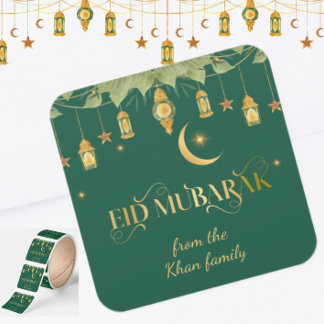 Eid Mubarak Custom Name Elegant Modern Green Gold Square Sticker