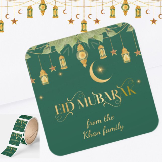 Eid Mubarak Custom Name Elegant Modern Green Gold Square Sticker (Share the joy of the blessed season with these elegant green Eid Mubarak family name roll stickers! )