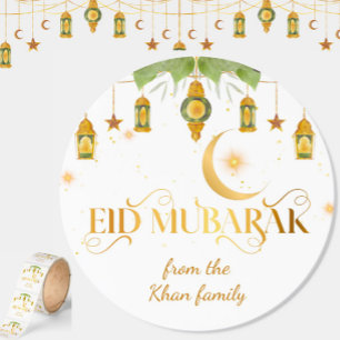 Eid Mubarak Custom Name Elegant Modern White Gold  Classic Round Sticker