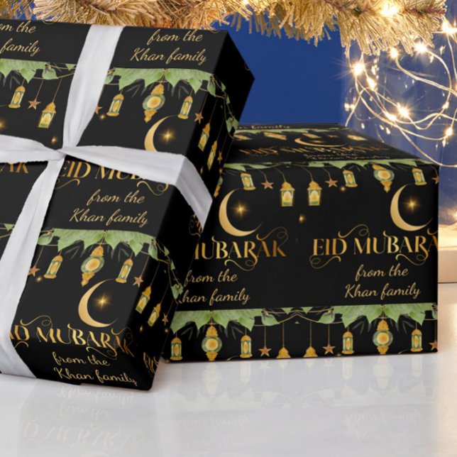 Eid Mubarak Custom Name Gold Black Lanterns + Moon Wrapping Paper (Elegant, modern "Eid Mubarak" black + gold wrapping paper. Customize with your family name!)