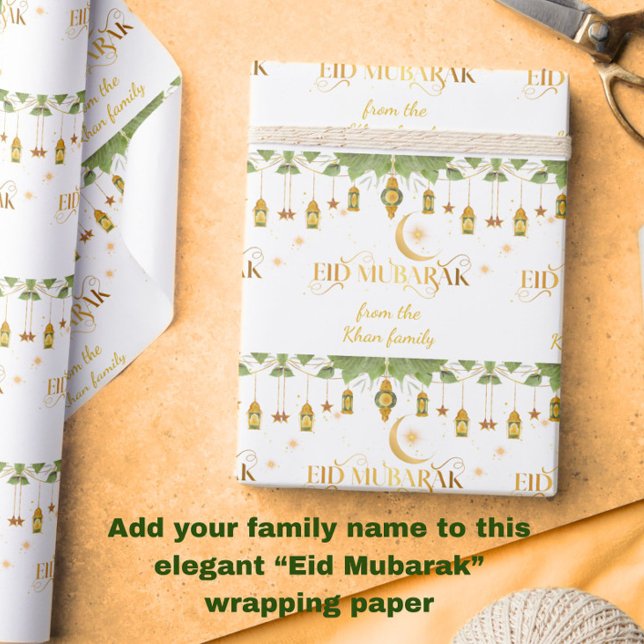 Eid Mubarak Custom Name Gold White Lanterns + Moon Wrapping Paper (Personalize this elegant white + gold "Eid Mubarak" wrapping paper with your family name!)