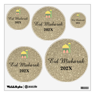 Eid Mubarak Cute Mosque Golden Glittery Gift Wall Decal