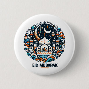 Eid Mubarak Decorated Crescent Colorful Mosque Art Button