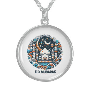 Eid Mubarak Decorated Crescent Colorful Mosque Art Sterling Silver Necklace