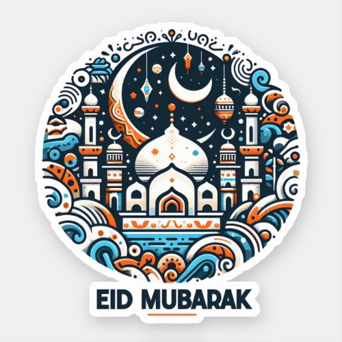 Eid Mubarak Decorated Crescent Colorful Mosque Art Sticker