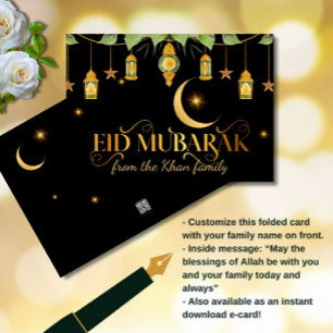 Eid Mubarak Elegant Gold Black Lanterns + Moon Card