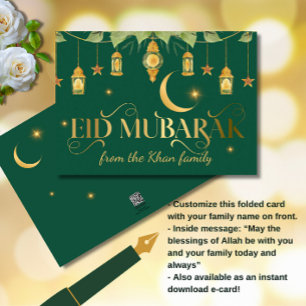 Eid Mubarak Elegant Gold Green Lanterns + Moon Card