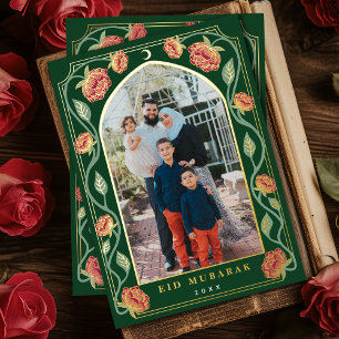 Eid Mubarak Elegant Green Floral Photo Foil Holiday Card