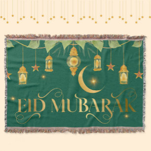 Eid Mubarak Elegant Green Gold Lantern Moon Stars Throw Blanket