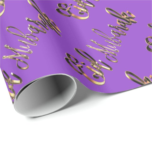 Eid Mubarak Elegant Purple Gold Text Pattern Wrapping Paper (Roll Corner)