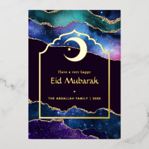 Eid Mubarak Galaxy and Gold Agate Foil Holiday Card