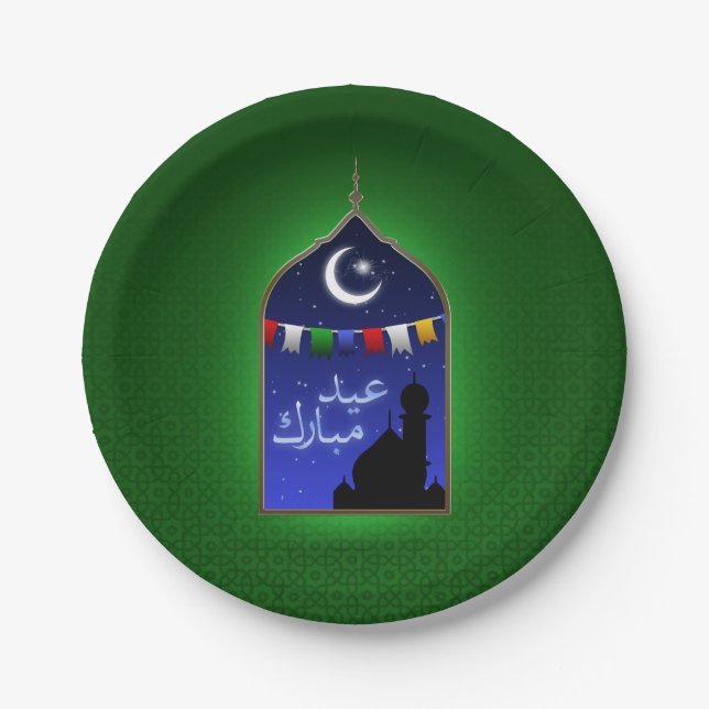 Eid Mubarak Garland Moon Paper Plates (Front)
