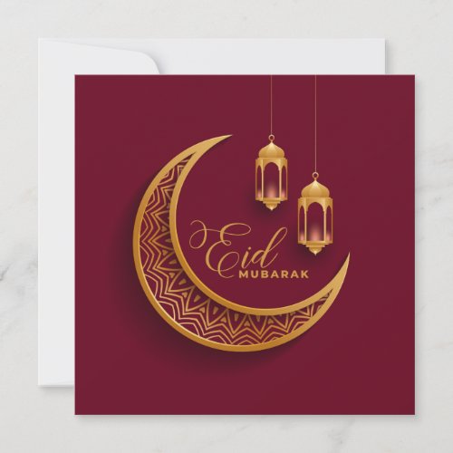 Eid Mubarak Gold Crescent Islamic Lantern Red Holiday Card