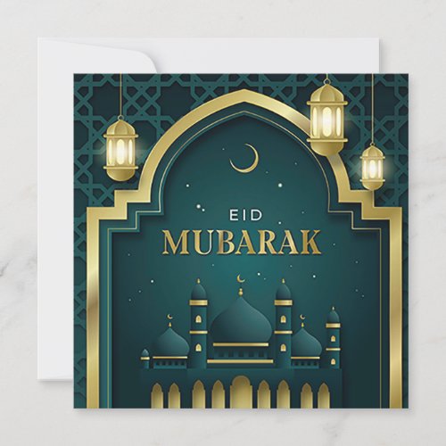 Eid Mubarak Gold Crescent Star Mosque Green  Holiday Card