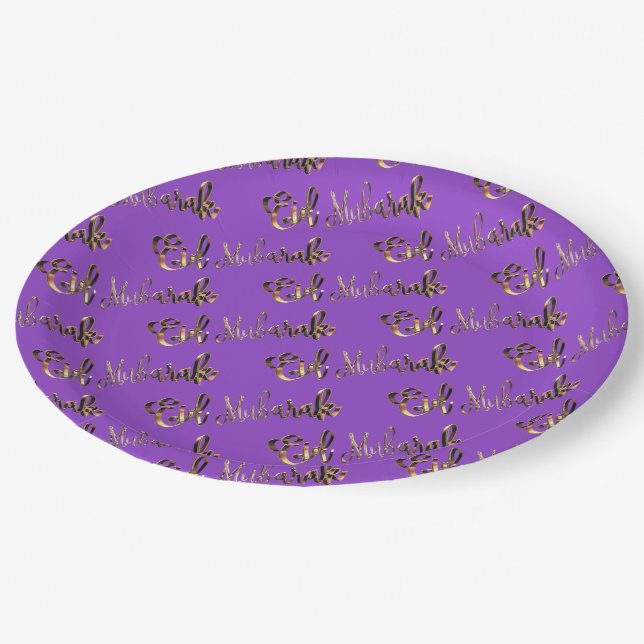Eid Mubarak Gold Look Text Pattern Elegant Purple Paper Plates (Angled)