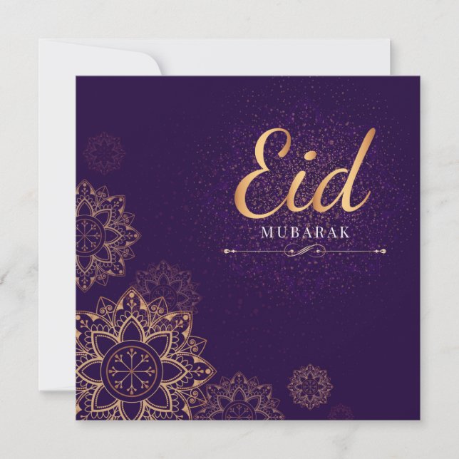 Eid Mubarak Gold Purple Floral Holiday Card (Front)