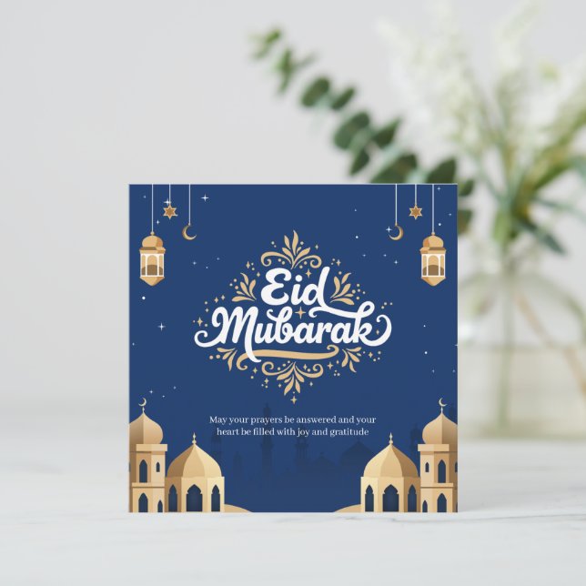 Eid Mubarak Golden & Blue  Card (Standing Front)