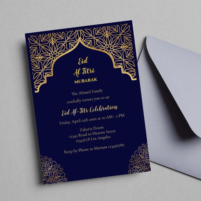 Eid Mubarak Golden Mandala Navy Blue Holiday Invitation (Eid Mubarak Invitation)