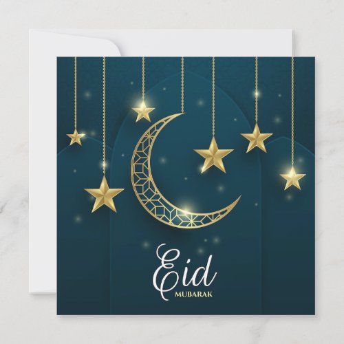 Eid Mubarak Golden moon and stars Holiday Card