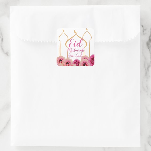 Eid Mubarak Golden Mosque Rose Blossom Purple Square Sticker (Bag)
