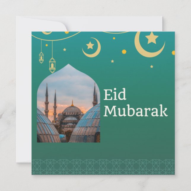 Eid Mubarak Green and Blue with Customizable Text Invitation (Front)