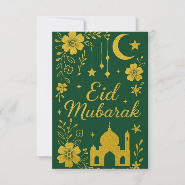 Eid Mubarak - Green and Gold Mosque Flowers Invitation (Front)