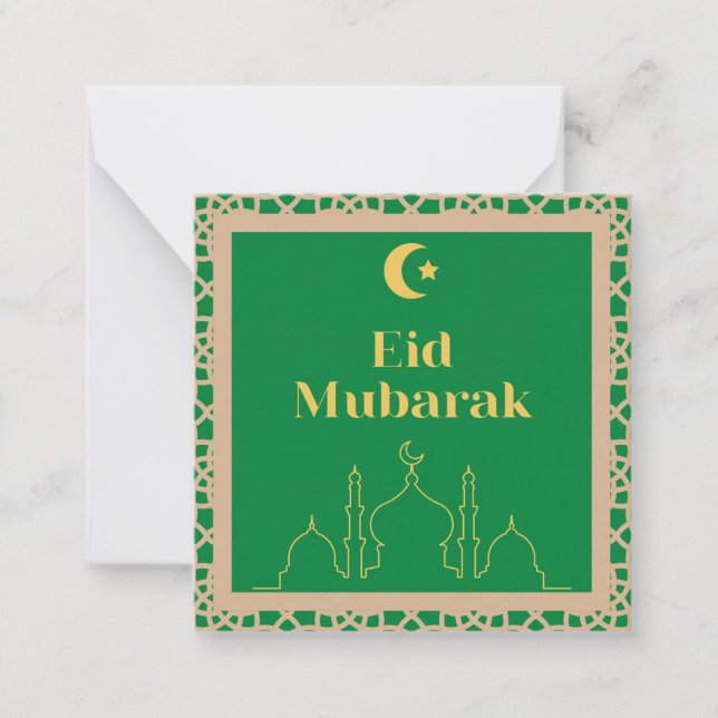 Eid Mubarak Green Background with Brown Frame Note Card (Front)