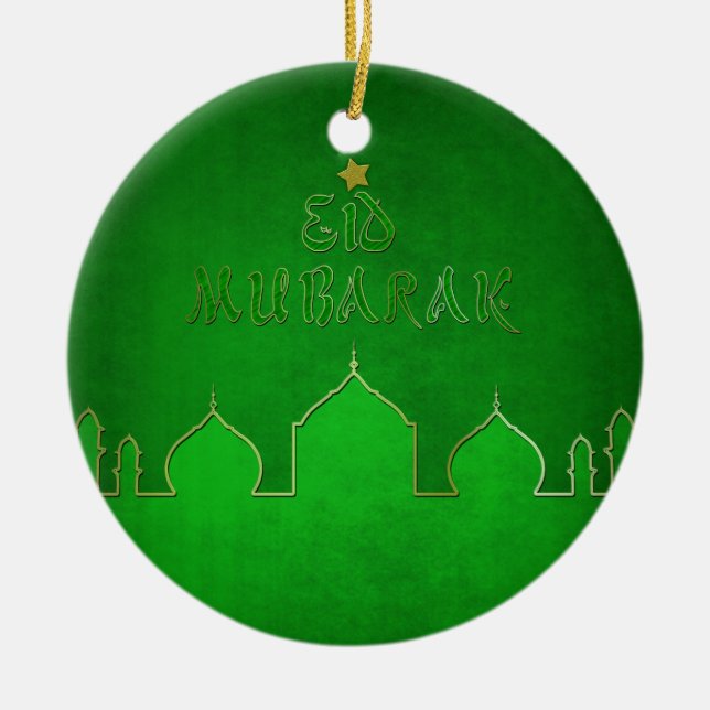 Eid Mubarak Green Gold Mosque Ceramic Ornament (Front)