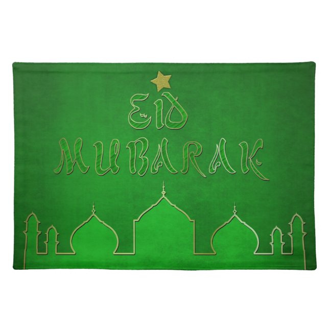 Eid Mubarak Green Gold Mosque Cloth Placemat (Front)