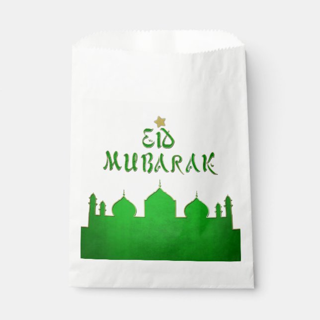 Eid Mubarak Green Gold Mosque Favor Bag (Front)