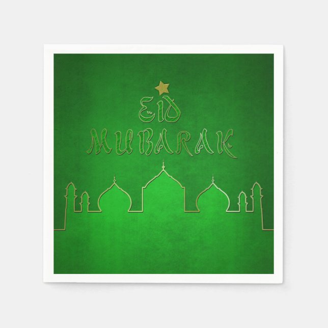 Eid Mubarak Green Gold Mosque Paper Napkins (Front)