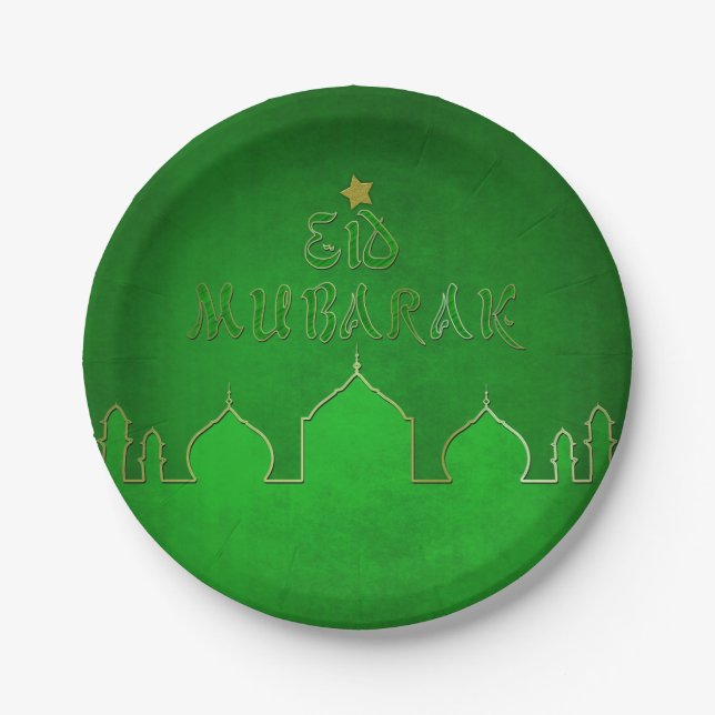 Eid Mubarak Green Gold Mosque Paper Plates (Front)