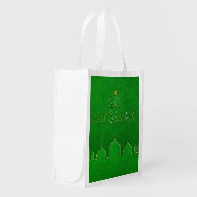 Eid Mubarak Green Gold Mosque Reusable Grocery Bag (Front Side)