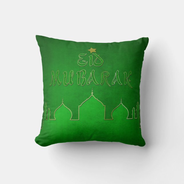 Eid Mubarak Green Gold Mosque Throw Pillow (Front)