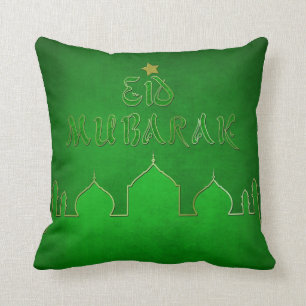 Eid Mubarak Green Gold Mosque Throw Pillow