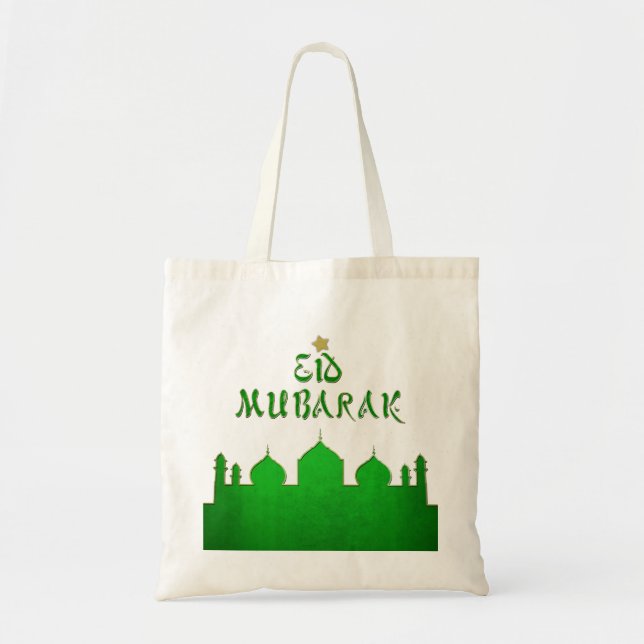 Eid Mubarak Green Gold Mosque Tote Bag (Front)