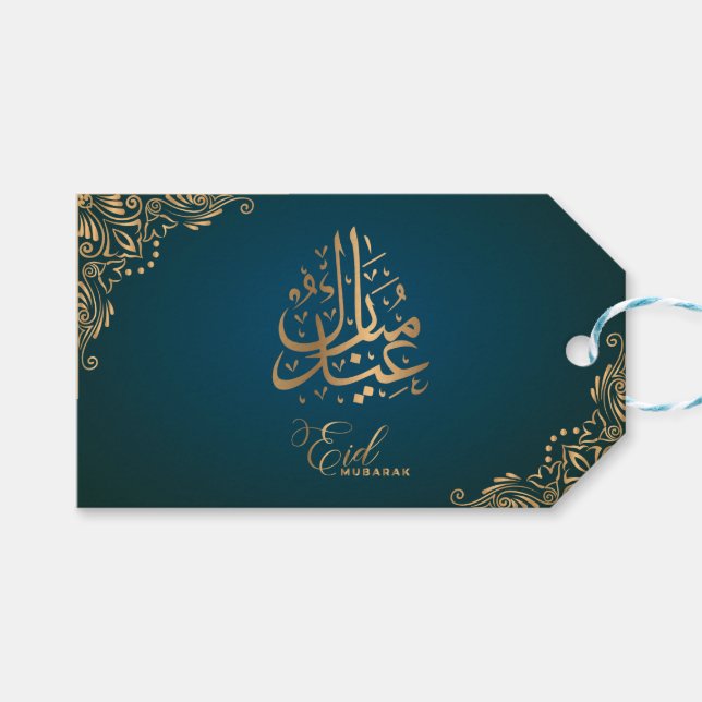 Eid Mubarak | Happy Eid Golden Green Calligraphy Gift Tags (Front (Horizontal))
