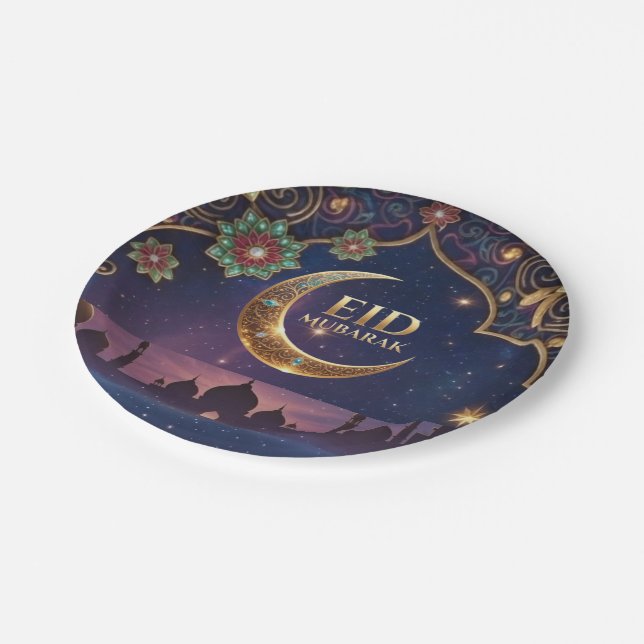 Eid Mubarak Islamic celebration Gold And navy Paper Plates (Angled)