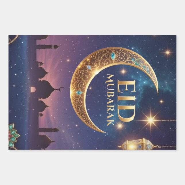 Eid Mubarak Islamic celebration Gold And navy Wrapping Paper Sheets (Front 2)