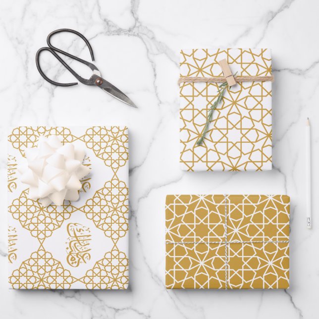 Eid Mubarak Islamic geometric gold pattern Wrapping Paper Sheets (Front)