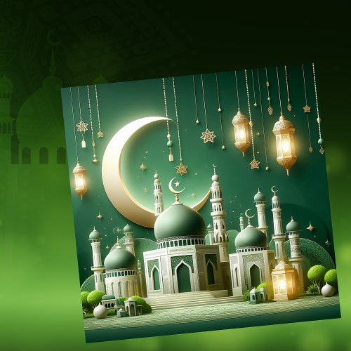 Eid Mubarak Islamic Lantern Crescent Star Green Holiday Card