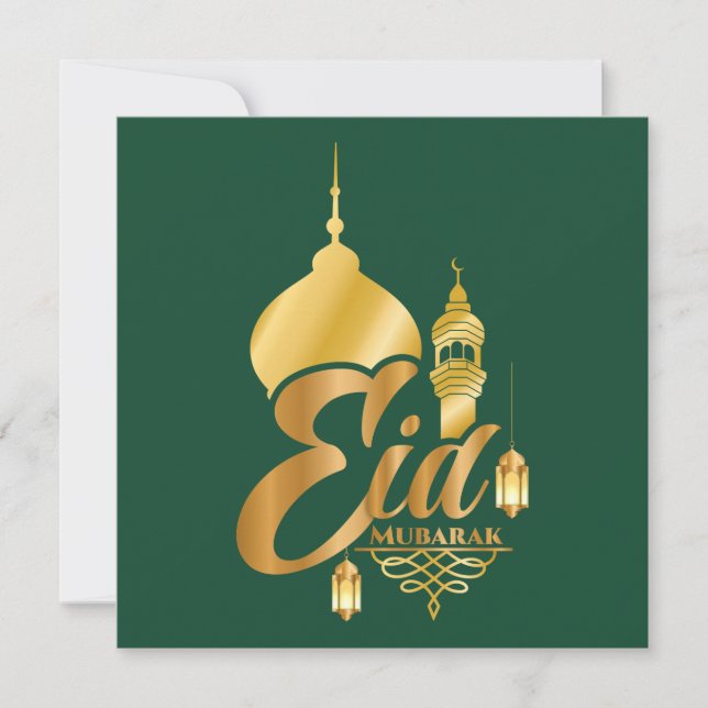 Eid Mubarak Islamic Lantern Mosque Green Golden Holiday Card (Front)