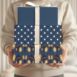 Eid Mubarak Kids Blue Moon Lantern Pattern Quote Wrapping Paper Sheets