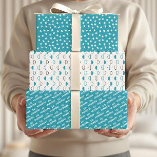 Eid Mubarak Kids Blue Moon Star Pattern Quote Wrapping Paper Sheets