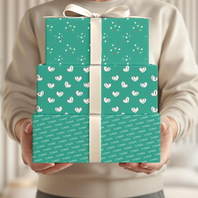 Eid Mubarak Kids Green Star Hearts Pattern Quote Wrapping Paper Sheets (Creator Uploaded)
