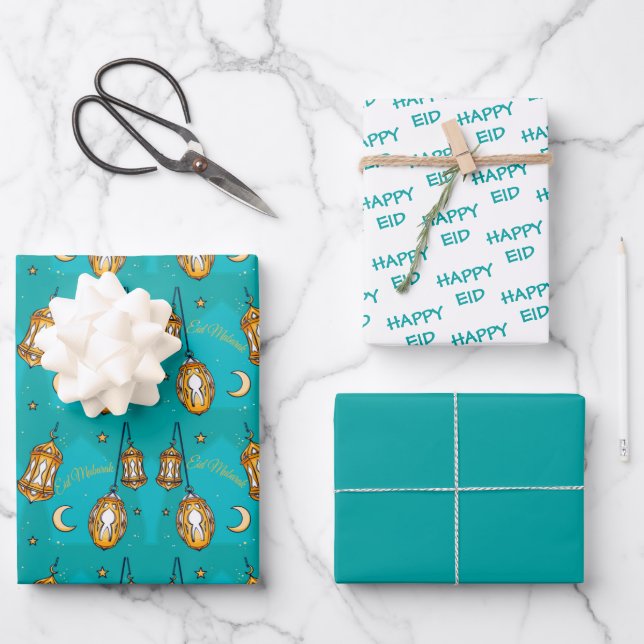 Eid Mubarak Kids Moon and Lantern Teal Wrapping Paper Sheets (Front)
