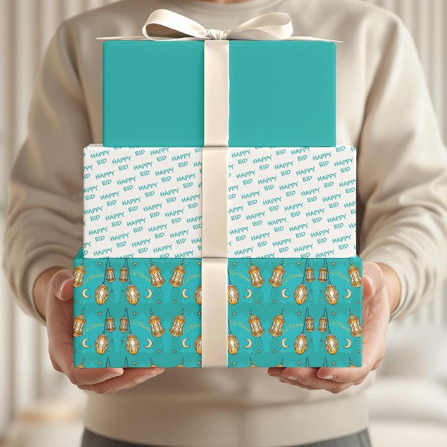 Eid Mubarak Kids Moon and Lantern Teal Wrapping Paper Sheets (Creator Uploaded)
